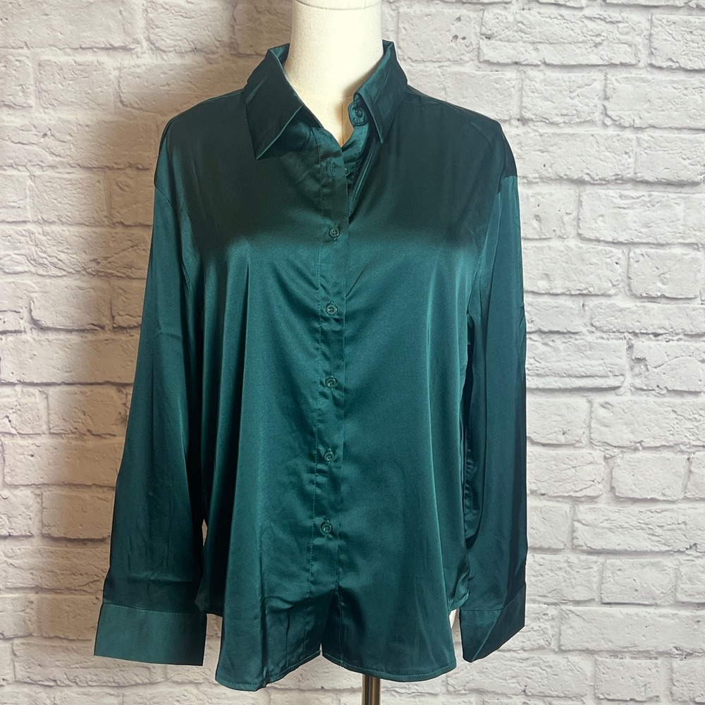 MakeMeChic Women's S Satin Silk Long Sleeve Blouse Button Down Shirt Casual Top